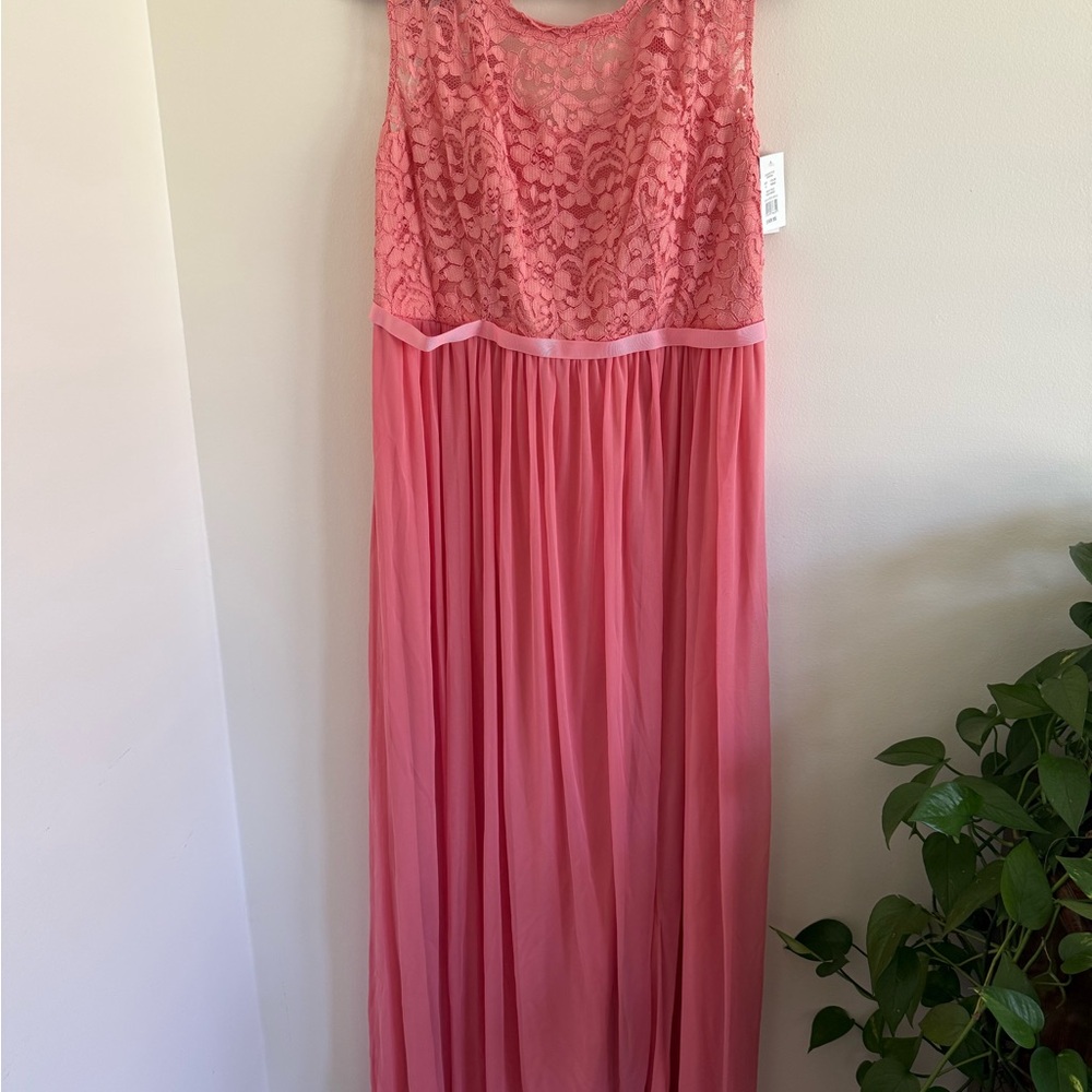 David's Bridal Coral Pink Lace & Chiffon Maxi Dress